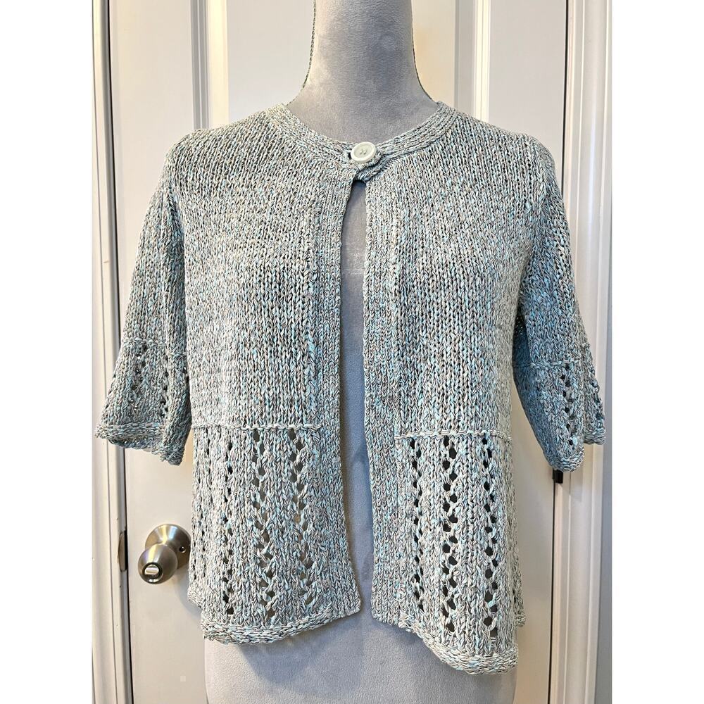 Dressbarn Womens One Button Cardigan Short Sleeve Open Knit Crewneck Gray Blue S